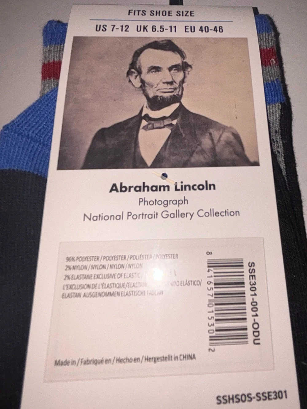 Men’s Black Abraham Lincoln Graphic Socks, Blue Toe